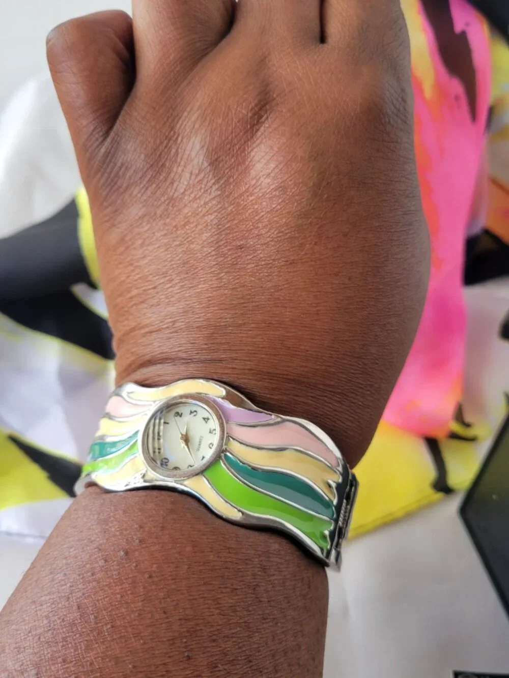 Colorful Wavy Enamel Cuff Watch – Statement Bracelet Style